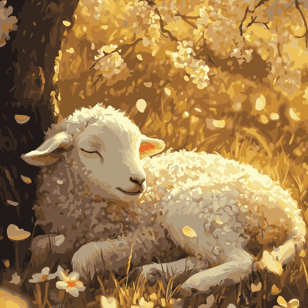Golden Rest Paint by Numbers Kit featuring a sleeping lamb under a golden-hued blossoming tree, surrounded by soft sunlight.