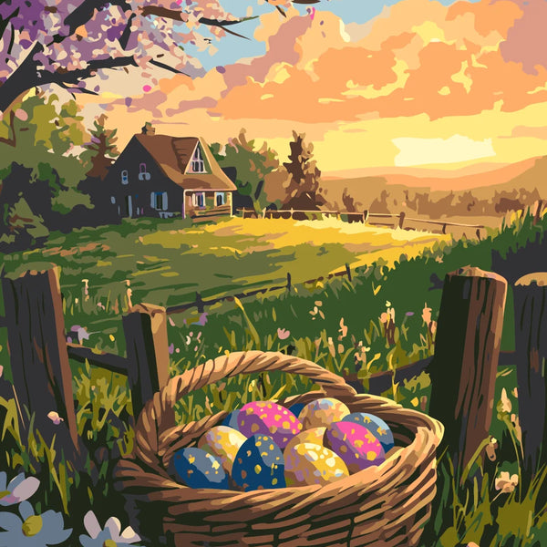 Golden Sunrise Easter Paint by Numbers Kit featuring a countryside sunrise, a farmhouse, and a basket of colorful Easter eggs.