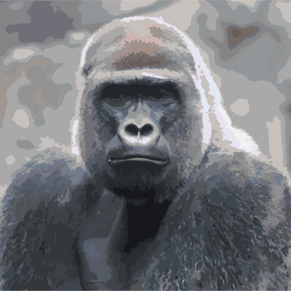 Painting of a gorilla with intense gaze in muted colors.