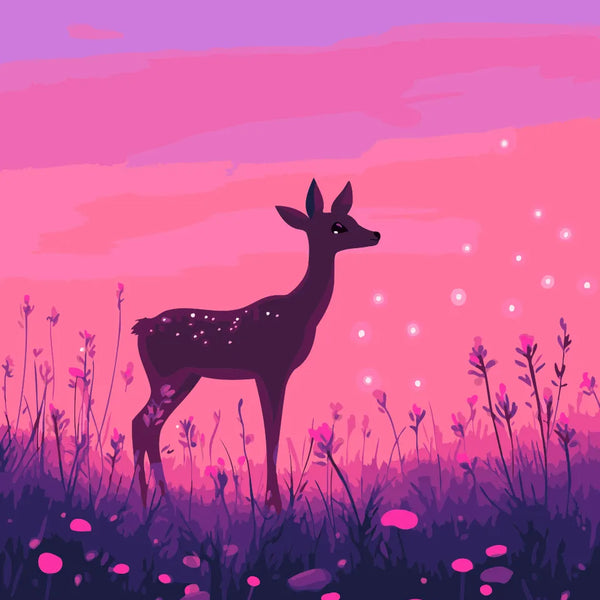 A delicate fawn stands gracefully in a glowing meadow at sunset, surrounded by wildflowers and soft floating lights, creating a serene and magical atmosphere.