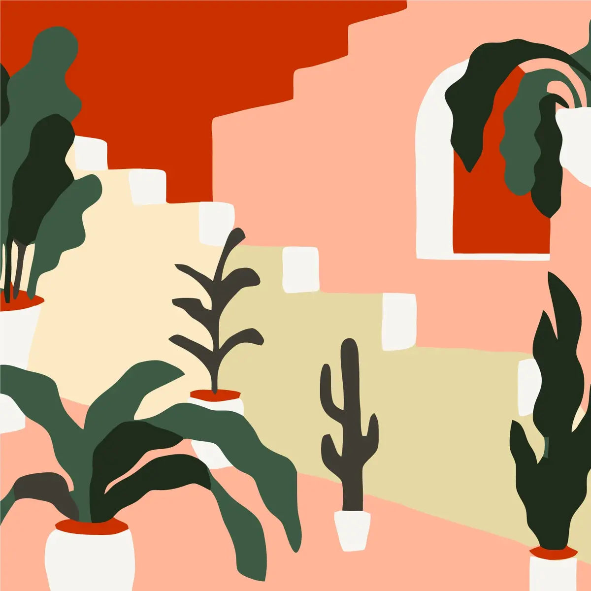 Painting of potted plants on pastel stairs with warm tones