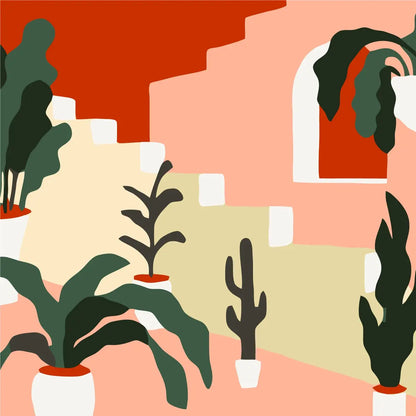 Painting of potted plants on pastel stairs with warm tones