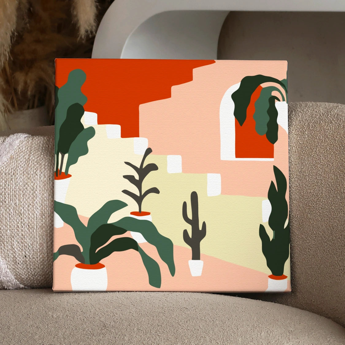 Painting of potted plants on pastel stairs with warm tones