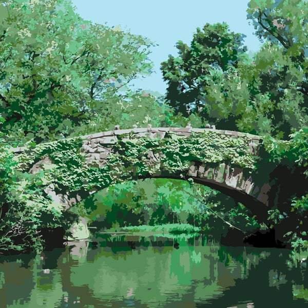 Painting of an old stone bridge covered in ivy over water