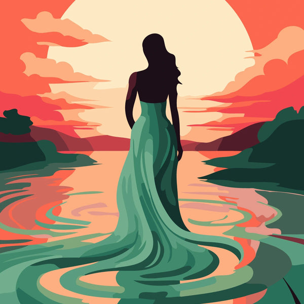 Silhouetted woman in flowing dress standing before a sunset lake