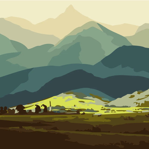 Scenic landscape painting of rolling green mountains and valleys