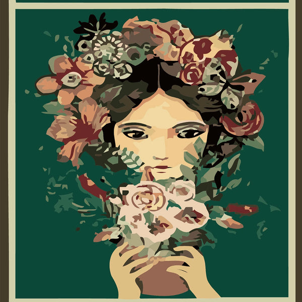 Painting of a woman with flowers in her hair and hands