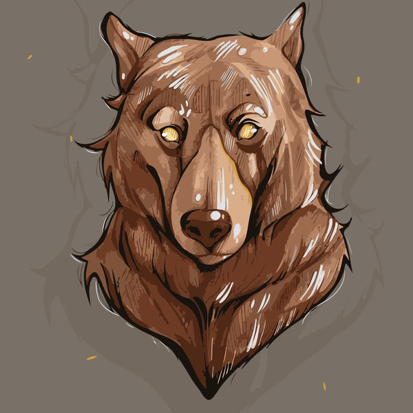 Stylized illustration of a brown wolf with glowing golden eyes on a muted taupe background. A powerful and spiritual design by Kalinina.