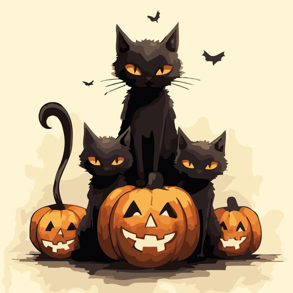 Halloween-themed painting of black cats sitting on carved pumpkins