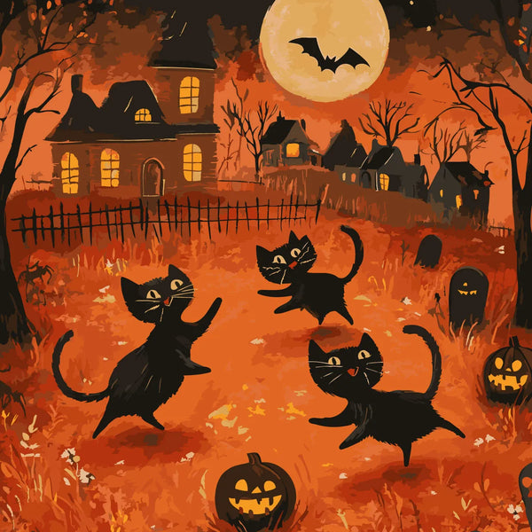 Whimsical Halloween scene with black cats, pumpkins, and haunted houses