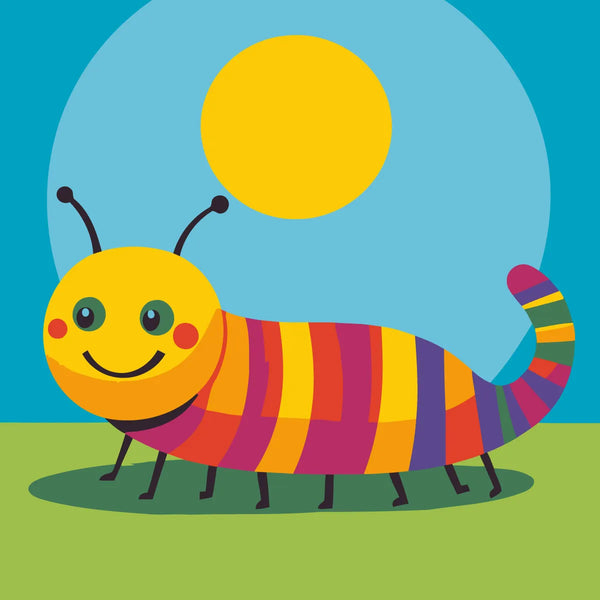 Cute colorful caterpillar with a smiling face under the sun