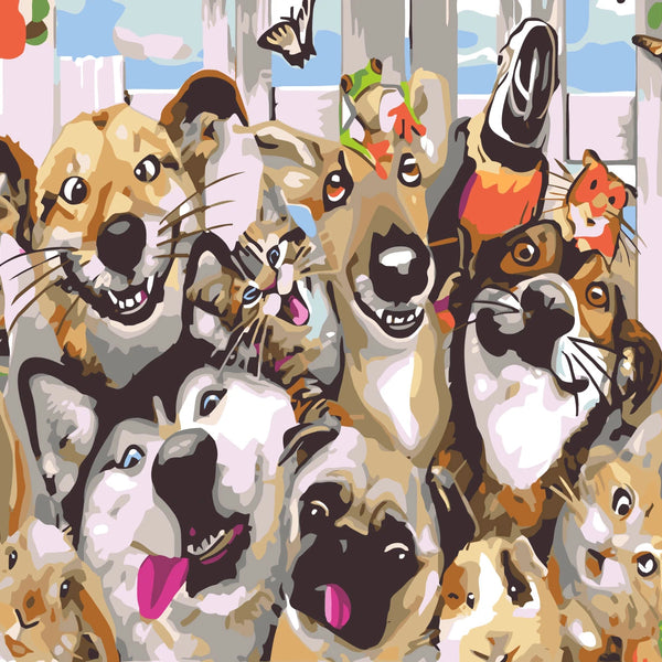 Painting of happy dogs, cats, and other pets in a garden
