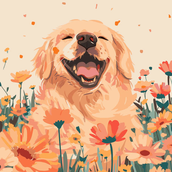 Happy golden retriever surrounded by vibrant blooming flowers