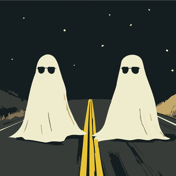 Two cool ghosts wearing sunglasses standing on a dark highway