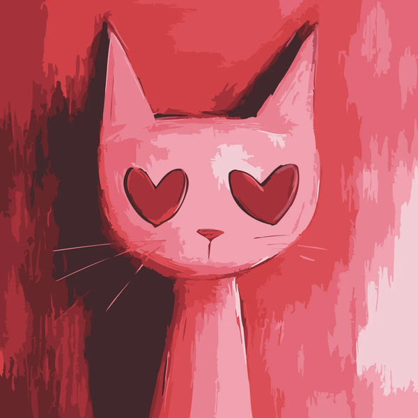 Pink cat with heart-shaped eyes on a red background