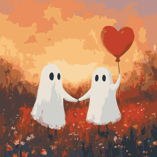 Two cute ghosts holding hands with a heart balloon at sunset
