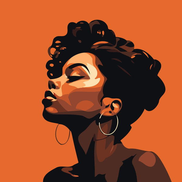 Stylized portrait of a woman with curly hair and hoop earrings