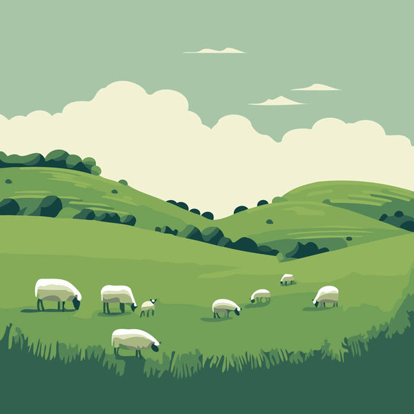 Pastoral landscape with grazing sheep on rolling green hills