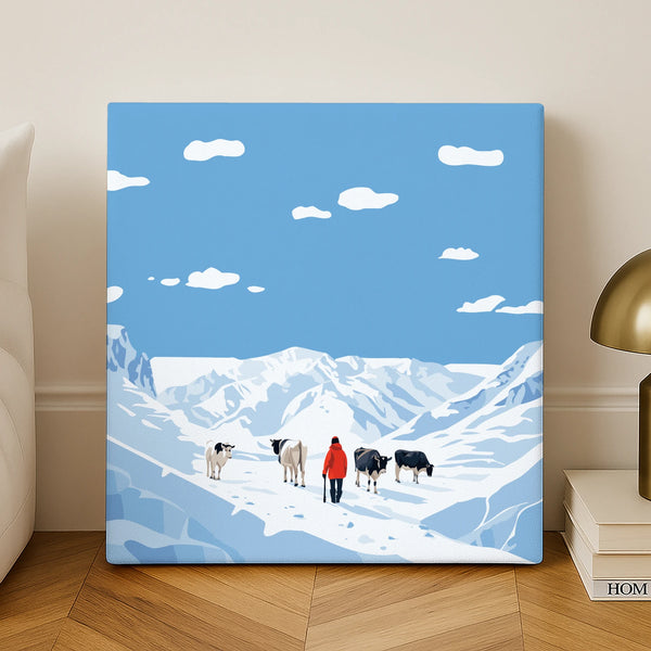 High Mountains paint by numbers finished canvas, a colorful minimalist mountain landscape, standing on a wooden floor by a white wall