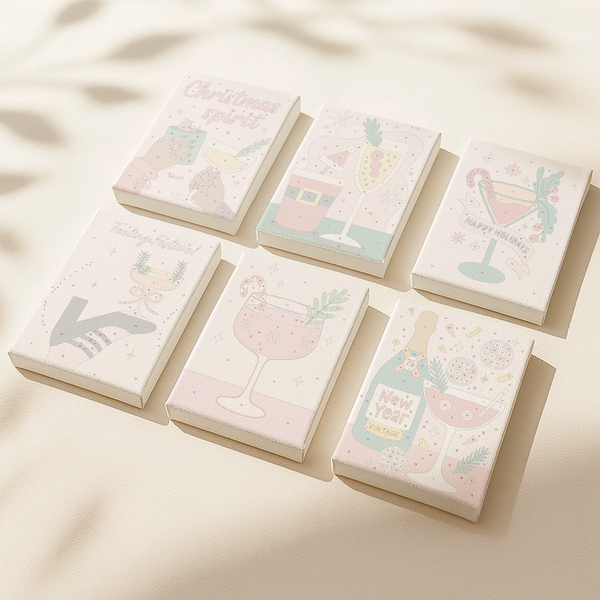 Holiday Cheers paint by numbers set of 6 mini canvases by Artspark featuring retro cocktail glasses, festive drinks, and playful holiday toast scenes ready to paint.