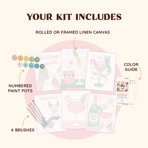 Artspark Holiday Cheers paint by numbers kit with brushes, paints, and color guide — vintage-inspired cocktail art for a fun and creative Christmas project.