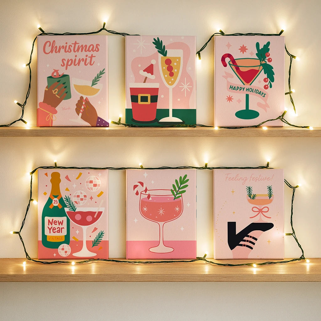 Completed Holiday Cheers paint by numbers canvases by Artspark showing colorful cocktail and champagne illustrations with festive retro style and holiday charm.