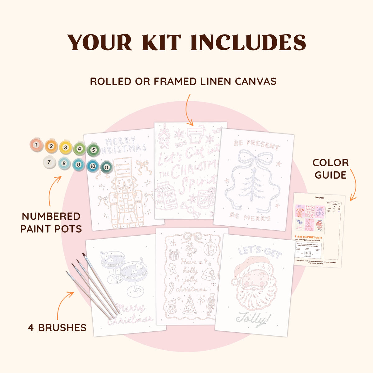 Artspark Holiday Doodle paint by numbers kit with brushes, paint pots, color guide, and six Christmas doodle-style canvases for creative painting fun.