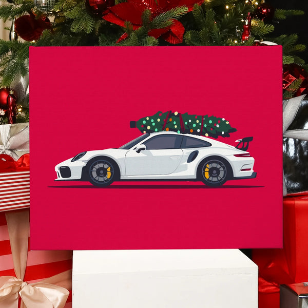 Completed Holiday Ride paint by numbers artwork showing a white sports car with a Christmas tree on top against a red background.