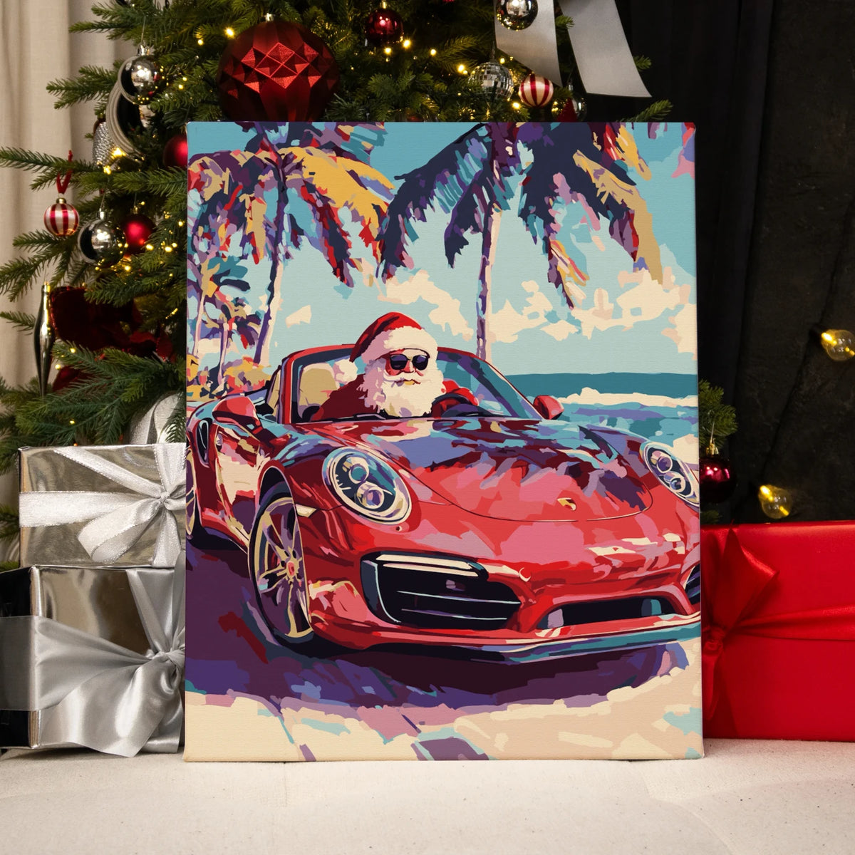 Completed Holiday Wheels paint by numbers artwork showing Santa in red convertible by palm trees, perfect for tropical Christmas décor.