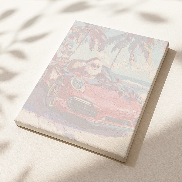 Holiday Wheels paint by numbers canvas featuring Santa driving a red convertible on a sunny beach.