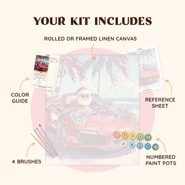 Holiday Wheels paint by numbers kit including pre-numbered canvas, brushes, and paints showing Santa in red car design.