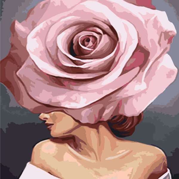 Painting of a woman with a giant pink rose as head