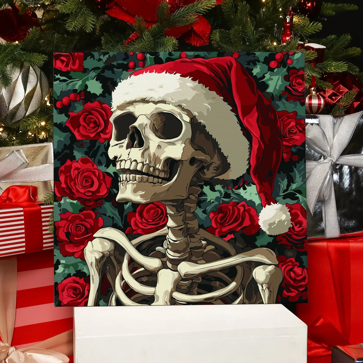 Completed Holly Skull paint by numbers artwork showing skeleton in Santa hat with red roses and holly, perfect for gothic Christmas décor.