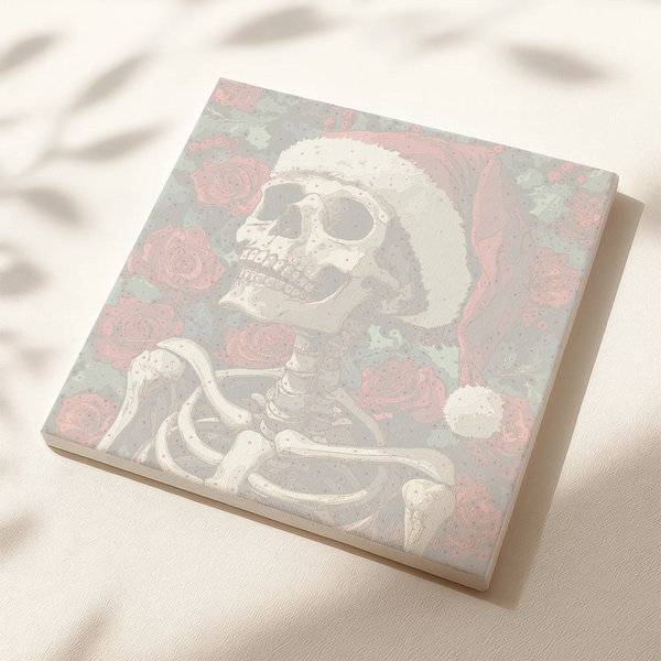Holly Skull paint by numbers canvas showing a skeleton with Santa hat surrounded by roses and holly leaves.