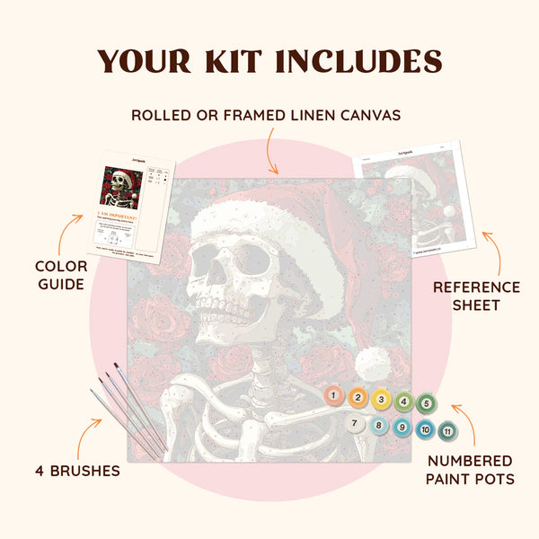 Holly Skull paint by numbers kit including pre-numbered canvas, brushes, and paints featuring skeleton Santa design.
