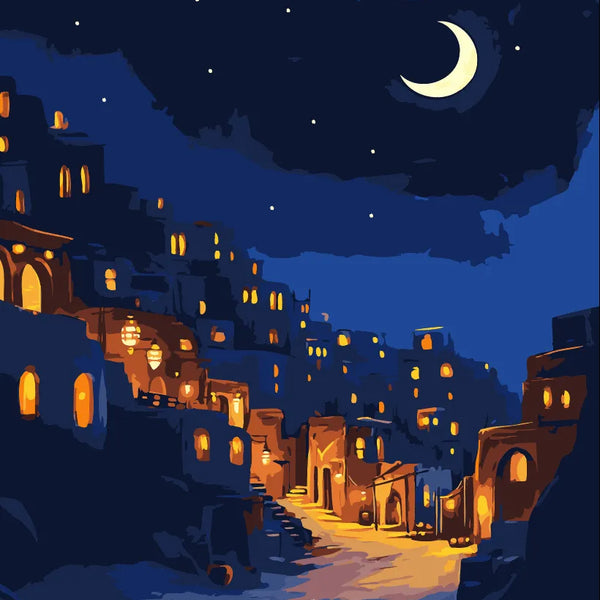 A peaceful hillside village illuminated by warm golden lanterns under a crescent moon, featured in the Homes of Devotion paint by numbers kit.