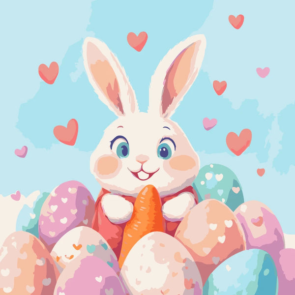 Hoppy Love Paint by Numbers Kit featuring a smiling Easter bunny holding a carrot, surrounded by colorful eggs and floating hearts.