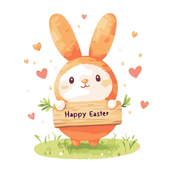 Hoppy Wishes Paint by Numbers Kit featuring a cute bunny holding a 'Happy Easter' sign, surrounded by floating hearts and soft pastel tones.