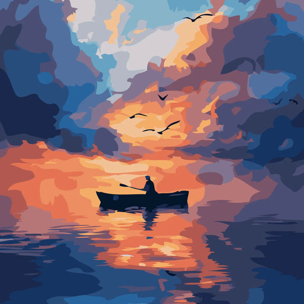 Silhouette of a person rowing a boat on a sunset-lit lake