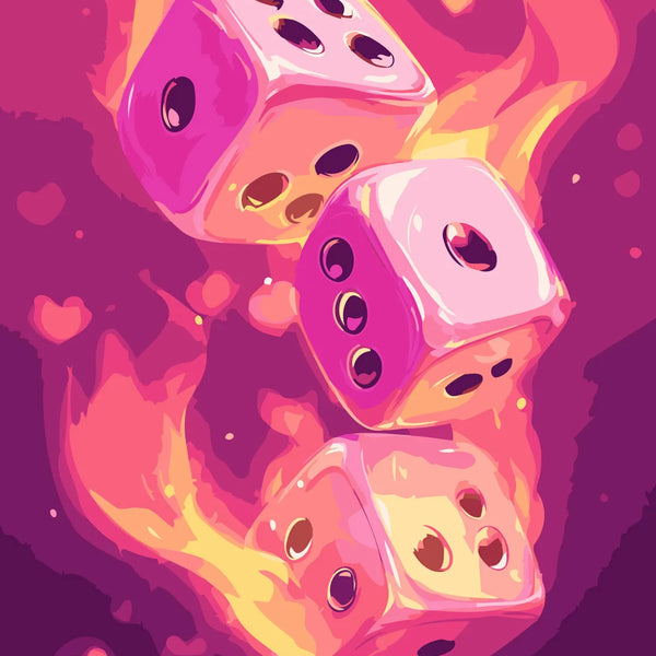 Three flaming pink dice rolling with glowing hearts in background