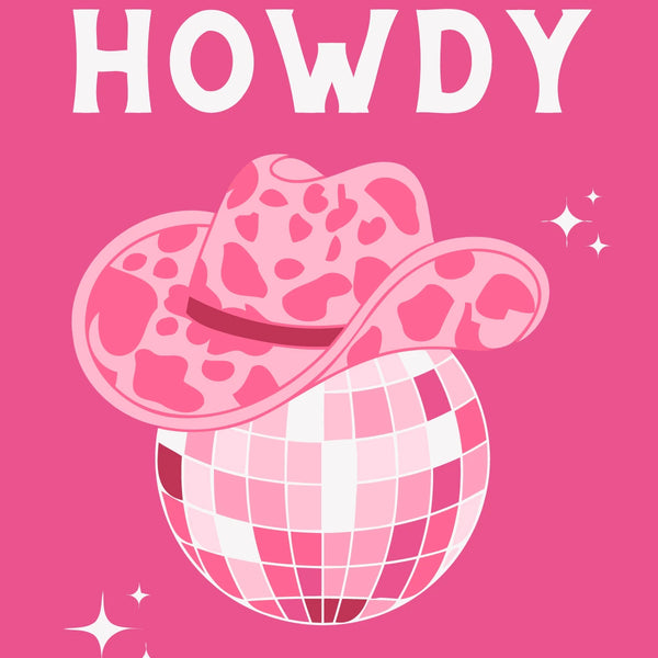 Pink disco ball wearing a cow-print cowboy hat with "Howdy" text