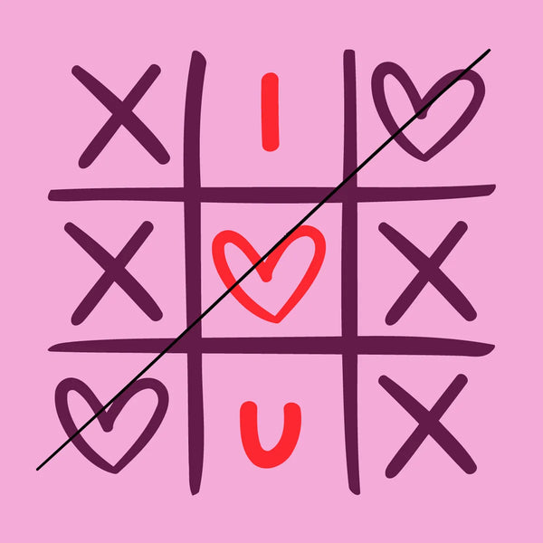 Tic-tac-toe game forming "I love you" on pink background