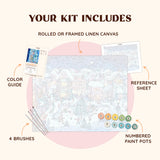Ice Skating paint by numbers kit including pre-numbered canvas, brushes, and paints for a winter village scene.