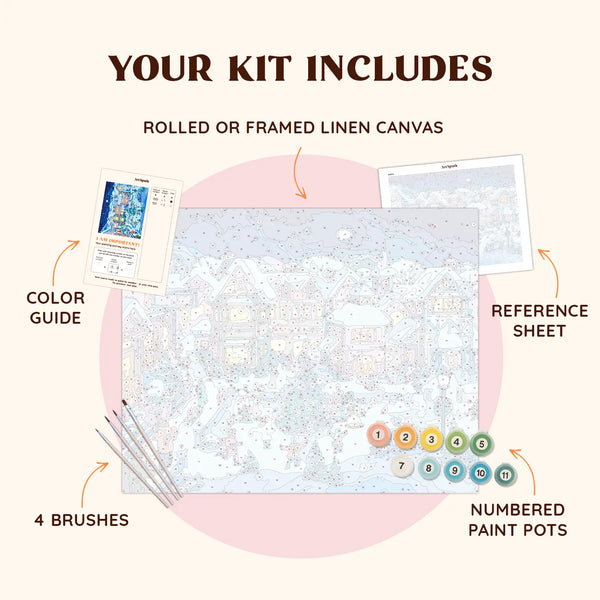 Ice Skating paint by numbers kit including pre-numbered canvas, brushes, and paints for a winter village scene.