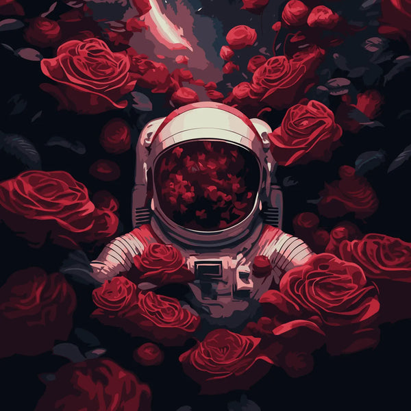 Astronaut surrounded by floating red roses in deep space