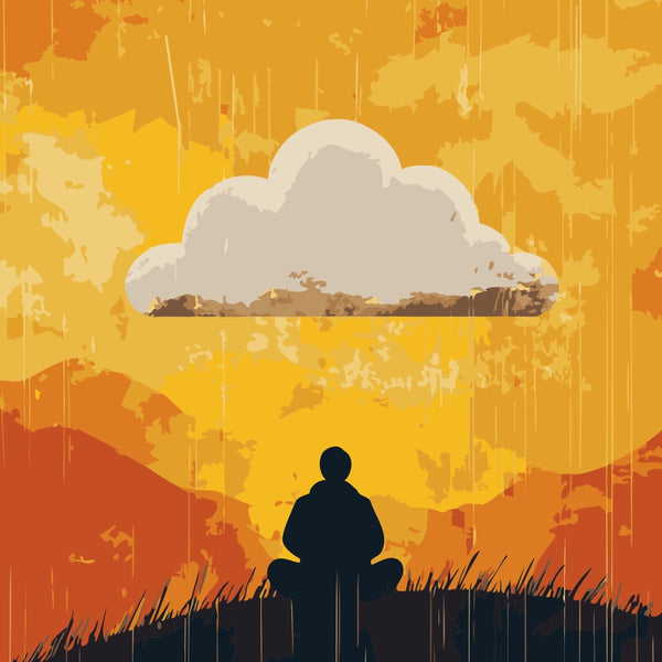 Inner Rain Paint by Numbers Kit featuring a figure meditating under a raincloud against a vibrant golden sky.