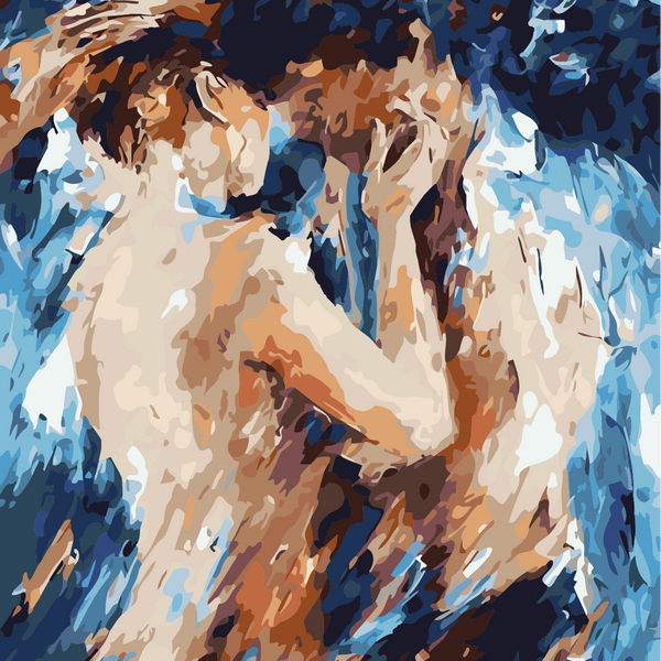 Painting of a passionate couple embracing in abstract flowing colors