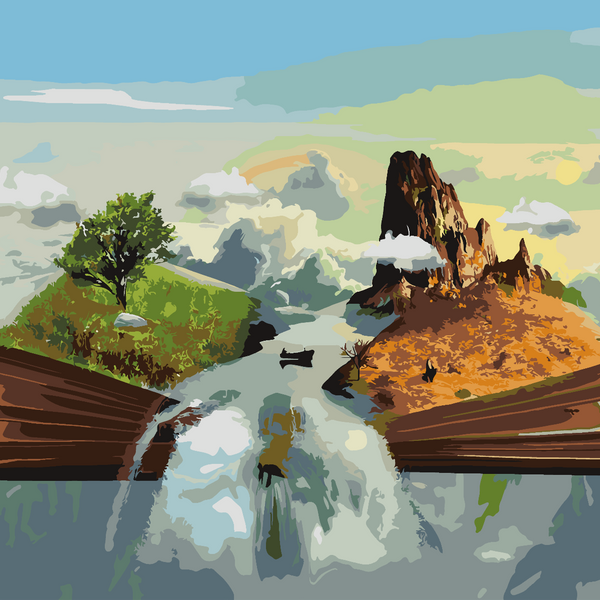 Surreal painting of an open book transforming into landscapes