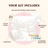 It’s Snowing paint by numbers kit including pre-numbered canvas, brushes, and paints for a winter village scene.