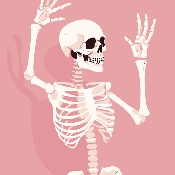 Smiling skeleton raising hands against a pink background illustration